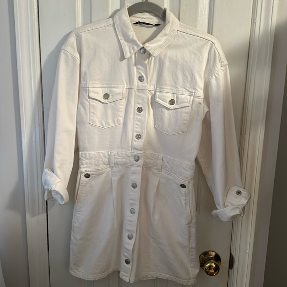 Zara White Denim Buttoned Dress